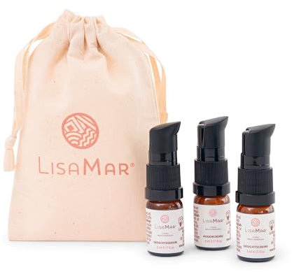 LisaMar® Gesichtspflege Probierset – Anti-Aging Hautpflege mit mediterranen Wirkstoffen – Feuchtigkeitsspendend & straffend – Gesichtscreme, Augencreme & Serum a 5 ml – Vegan, natürlich, nachhaltig.