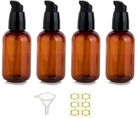 Apstaqeoo 4Pcs 80Ml Empty Lotion Pump Bottle Dispenser for Toiletries TSA Approved Pump Dispenser Leak-proof Plastic Travel Bottles Container with Label & Funnel for Cleaning Shampoo Cosmetic (Brown)