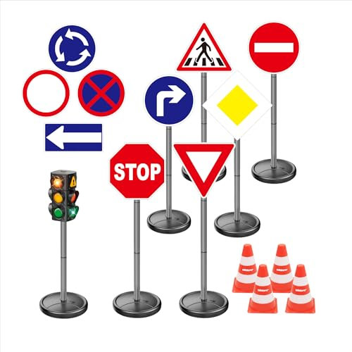 alldoro 60230 XXL-Verkehrsset mit Ampel, 10 Verkehrszeichen und 4 Pylonen für Kinder, zum Spielen und zur Verkehrserziehung, 75 cm hoch, Orange