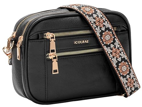 ICOLRAE Gesteppte Crossbody-Tasche für Damen, veganes Leder, kleine Geldbörsen, breiter Riemen, mittelleicht, Schulterhandtaschen, Schwarz, Small