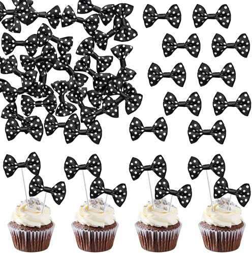 Gyufise 24Pcs Bow Dots Mouse Cupcake Toppers Baby Shower Bowknot Cupcake Toppers Birthday Party Bow Dots Cupcake Toppers Cake Decorations Supplies Black