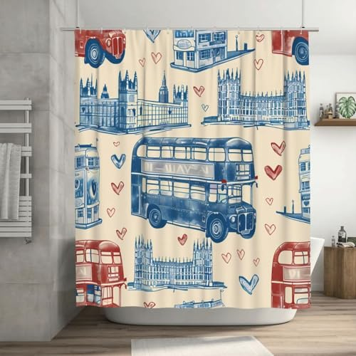 Mexpekil Duschvorhang, 183 x 183 cm, Motiv: Londoner Brücke, Bus, Liebe, Muster, wasserdichte Badezimmervorhänge mit 12 Kunststoffhaken, Polyesterstoff, Duschvorhänge für Badezimmer Badewanne