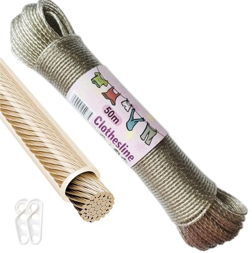 Corde a Linge Extérieur 50m: Corde à Linge avec Noyau en Acier Extra Forte avec Une Capacité de Charge de 150kg Inoxydable et Etanche - Fil a Linge