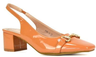 Women's Block Mid Heel Court Shoes Ladies Apricot Patent Slingback Buckle Detail Square Toe Size 8