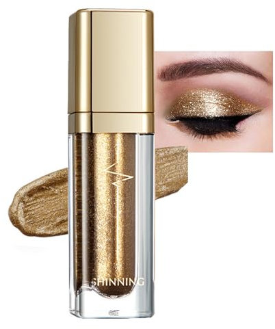 Glitzer Lidschatten Flüssiger, Metallic Gold Liquid Eyeshadow, Langanhaltende & Wasserfest Liquid Eyeliner mit Feinem Funkeln, Schnell Trocknend Glitter Lidschatten, Glattes Schimmer Augen Make-up