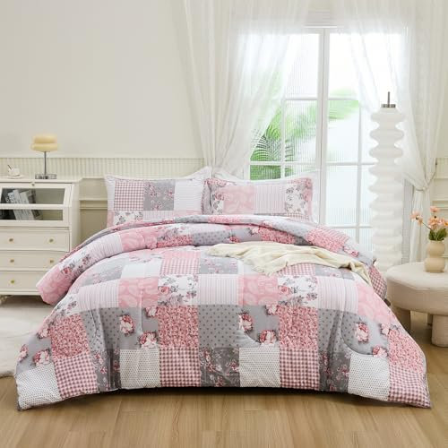 Herside Flower Plaid Duvet Cover Set Single Size Rose Floral Paisley Printed Pink Gray Grid Duvet Cover Farmhouse Bedding Cover 135x200cm 2PCS All Season with Zipper Closure