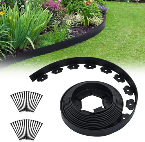 TEOV Rasenkante 10M x 5CM, Flexible Beetumrandung mit 30 Erdanker, Kunststoff-Gartenpalisade für Landschaftsbau, Rasen, Blumenbeete, Gras, Hof