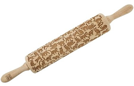 MoodForWood Teigroller aus Holz, Gravierte Holzrolle mit Wunschname auf Griff, Roller mit Muster für Teig, Kuchen & Backwaren, Nudelholz für Müheloses Ausrollen, Ø 6 cm x 43 cm, Lustige Katzen
