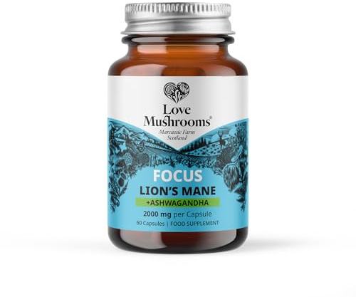 Love Mushrooms Lion’s Mane Plus Ashwagandha Capsules 2,000mg Lion’s Mane & 400mg Ashwagandha | Mushroom & Adaptogen Supplement for Cognitive Support & Stress Relief | Vegan, UK Made | 60 Capsules