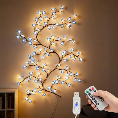 Richaa 63 Inches Blue Blossom Twig Lights, 48 Led Flexible Wall Flower Fairy Lights, 8 Modes Blue Blossom Tree String Light, Christmas Mother's Valentine's Day Gift Room Home Bedroom Indoor Decor