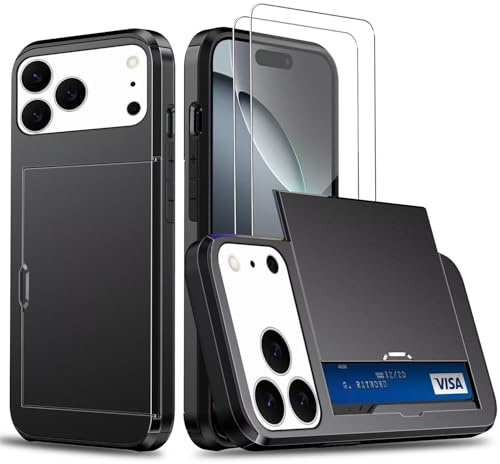 Beajew Handyhülle für iPhone 17 Pro Case +2 Stück Schutzfolie, mit Kartenfach Silikon TPU Handyhülle Dünn Weiche Stoßfest Flexibel Handy Tasche Bumper Brieftasche Case, Schwarz