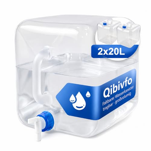 Qibivfo Lot de 2 Réservoirs d’Eau Pliables 20L avec Robinet & Poignée, Bidon d’Eau Potable sans BPA, Réservoir d’Eau Portable pour Camping, Urgence, Randonnée & Outdoor