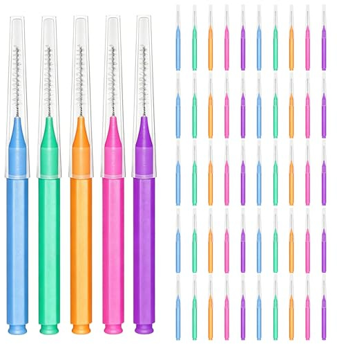 50PCS Floss Brushes, Braces Toothbrush, Soft Braces Cleaning Kit, Mini Interdental Brushes with Long Handle for Narrow Gaps Between Teeth and Oral Cleaning (5 Bright Colors)