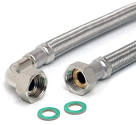 H2O-Flex® Schlauchfritze DN13 Panzerschlauch 1/2ÜM x 1/2ÜM 90° Bogen mit Trinkwasserzulassung | Flexibler Verbindungsschlauch | Flexschlauch mit Edelstahlumflechtung | Verlängerungsschlauch mit Überwurfmuttern