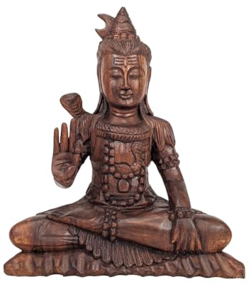 Statue von Shiva sitzend H30 cm aus massivem Holz geschnitzt braun getönt
