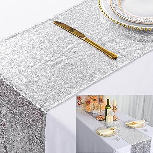 ShinyBeauty Chemin de Table à Paillettes Or Rose pour Mariage / décoration d'évènements 30 x 180cm (Argent, 1)