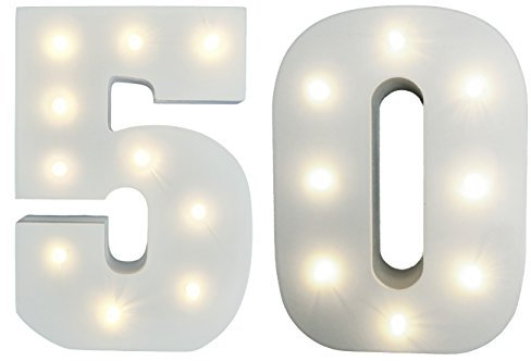 Buzz 50th Birthday, Golden Wedding Anniversary Light - Up Numbers Party Lights - White Wooden LED Light Up Number 50 - Free Standing or Wall Mounted Light Decoration - 15 cm