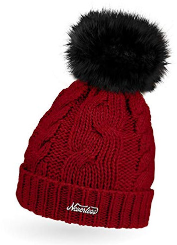 Neverless® gefütterte Damen Strickmütze mit Fell-Bommel und Fleece Futter, Winter-Mütze, Bommelmütze rot Unisize