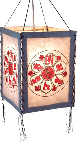 Lokta Papier Hänge Lampenschirm, Deckenleuchte, Glückszeichen weiß/rot | Handgeschöpftes Naturpapier, warmes Licht, unebene Oberfläche, ideal für gemütliche Räume, traditionelles Design.