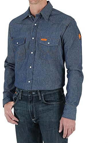 Wrangler Men's Flame Resistant Western Two Pocket Snap Shirt, Denim, L