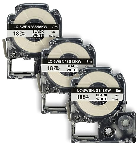 vhbw 3x Schriftband-Kassette kompatibel mit Epson LabelWorks LW-700 | LW-1000P, LW-600P, LW-500, LW-400 Etiketten-Drucker 8m x 18mm Schwarz auf Weiß