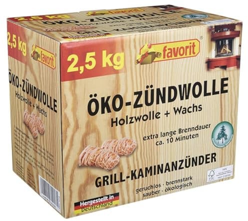 Favorit Lana d'accensione ecologica, 2,5 kg, in scatola pieghevole richiudibile in legno naturale e cera, 1218