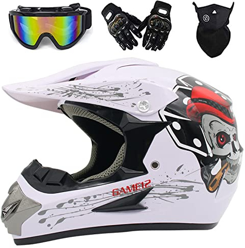 MRDEER Motorradhelm Downhill Motocross Helm Herren Kinder, Motorrad Cross Helme Fullface MTB Helm mit Brille Handschuhe Maske, Off Road Helm mit Abnehmbare Earmuffs, Weiß-Skelett, L