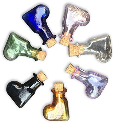 Mini Bouteille Pendentif en Verre Coeur Oblique Bouchon en Liège - Art Fait à La Main - Mix 7 Couleurs (7/Lot)