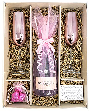 Bollinger Rosé Champagne 75cl Gift Set Hamper With 2 Matching Champagne Flutes, Belgian Heart Chocolates and Gift Box - Mothers Day, Birthday Gift Set (Rosé Metallic Bowls)