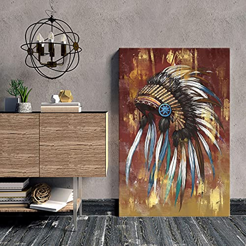 RyounoArt Kunstdruck auf Leinwand, Motiv Indianer, Häuptling-Kopfschmuck, Federdruck, Vintage-Kunstwerk, Wandbild für Zuhause, Wohnzimmer, Wanddekoration, Galerie, gerahmt, fertig zum Aufhängen