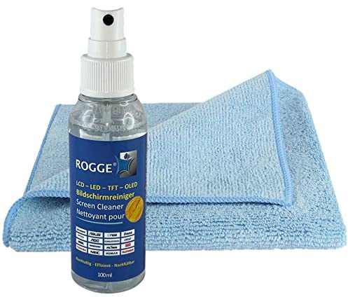 ROGGE Bildschirmreiniger 100ml, inkl. 1x SUPER Soft Microfasertuch 40x40cm. Streifenfreie Reinigung für alle glatten und empfindlichen Oberflächen geeignet, nachfüllbar und biologisch abbaubar.