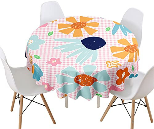 Highdi 3D Blumen Rund Tischdecke Abwaschbar, Wasserdicht Lotuseffekt Antifouling Rund Tischdecken Polyester Tischtuch für Home Küche Dekoration Garten (Rosa Plaid,Durchmesser 200cm)