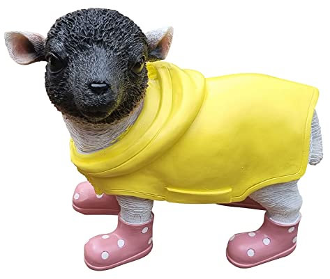 Fachhandel Plus Deko-Figur Lamm mit Mantel und rosa Gummistiefel lustige Tierfigur Schaf Gartendeko