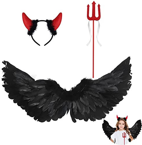 Alas de Ángel Disfraz,Diadema de Cuernos de Diablo 60CM,Tenedor de Diablo,Juego de Alas de ángel,Plumas Ángel Alas,Alas de Pluma,Disfraz de Alas de Adulto,Para Carnaval,Mardi Gras,Fiesta Temática