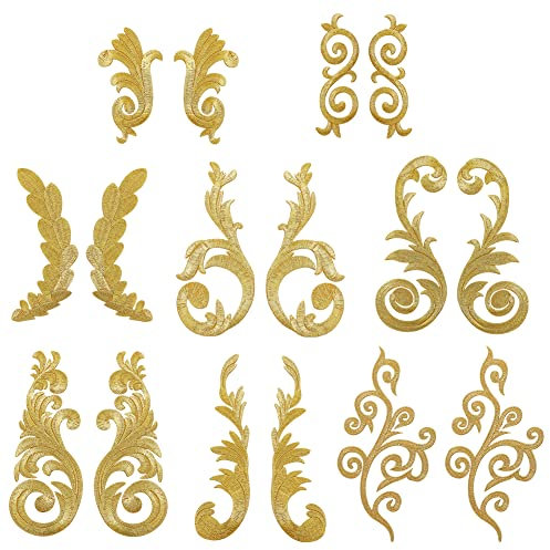 AHANDMAKER 8 Paar Blatt Blume Stickerei Applikation, Golden Ethnischer Stil Nähen Eisen auf Blatt Kranz Patch Blume Bestickte Applikation für DIY Nähen Hochzeit Ballkleid Kleidung Hose Schuhe