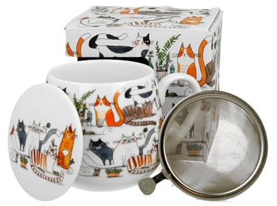Duo Tee-Tasse Teebecher Set mit Teesieb Edelstahl und Deckel Teetasse mit Sieb Geschenk-Tasse Cup with Tea Infuser 400 ml 3teilig in Geschenkbox Kräuter-Teetasse Katzenwelt (Faule Katzen)