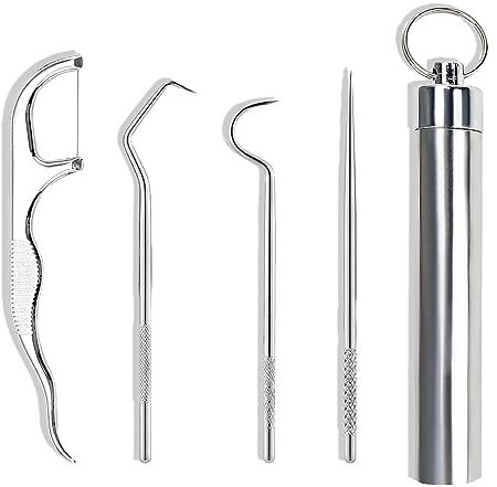 4Pcs 304 Stainless Steel Toothpick Set, Tooth Pick Metal, Tooth Hook Reusable Dental Picks Portable Metal Toothpicks Holder for Outdoor Picnic Camping and Travel