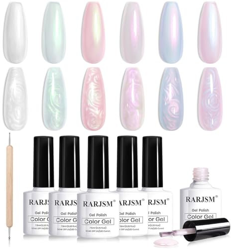 RARJSM Clear Pearl Gel Nail Polish Set 6 Pearlescent Colors Shell Glitter Gel Polish Pink White Blue Purple Silver Gold Shimmer Mermaid Swirl Thread Effect Soak Off LED UV Curing Requires Home Salon