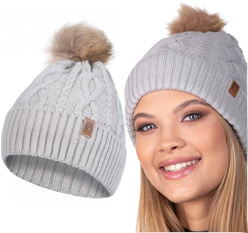 HEYO Damen Mütze Weiche Wintermütze mit Kunstfellbommel Leichte Bommelmütze Beanie Strickmütze gefüttert Mädels (Grau)