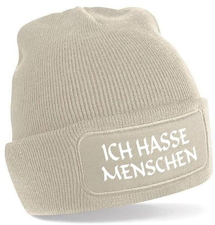 Herzbotschaft Beanie Strickmütze mit Spruch | Ich Hasse Menschen | Creme | Unisex SoftTouch angenehm weiche und warme Wintermütze | OneSize Einheitsgröße für Erwachsene