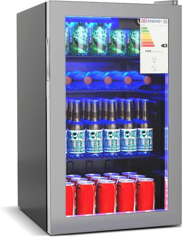Panana Under Counter Beer & Drinks Fridge-90L Capacity,Holds up to 115 Cans, Premium Temperature Performance (2℃ to 15℃), Full Length Low-E Glass, Removable Shelves, LED Light, Low Noise(Silver)