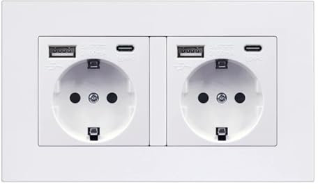 Enchufe Doble de Pared 250V 16A. Toma de Corriente Empotrada. Enchufe Múltiple con 2 Tomas, 2 USB-A, 2 USB-C 5V 2100mA de Carga Rápida. Enchufe Europeo Interior.