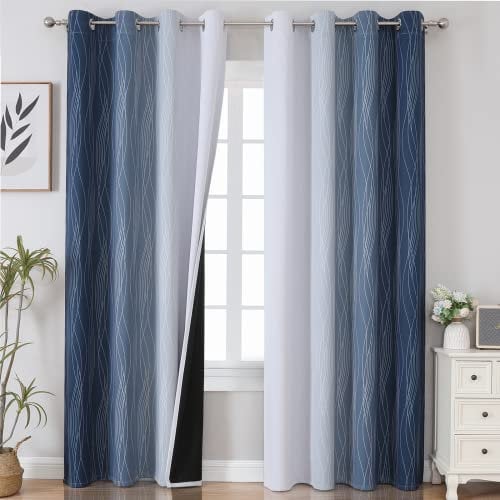 VEHEDE Gardinen Farbverlauf Dunkelblau Weiß Schallschutz Blickdichte Vorhänge Wohnzimmer, Thermovorhang Gegen Kälte mit Ösen, Ombre Blackout Curtains Vorhang Schlafzimmer, H 214 x B 132 cm, 2er Set