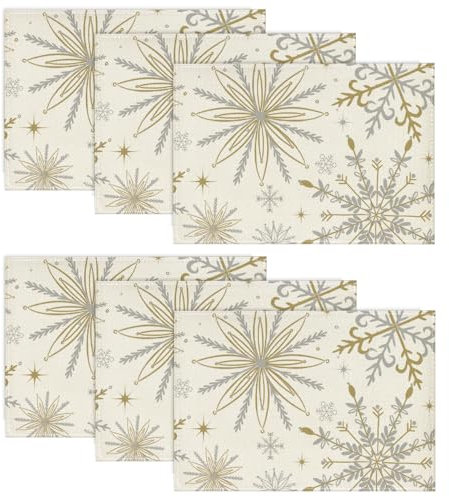 Artoid Mode Gold Schneeflocken Weihnachten Platzsets 6er Set, 30x45cm Winter Xmas Tischset Waschbar Platzdeckchen Küche Party Deko