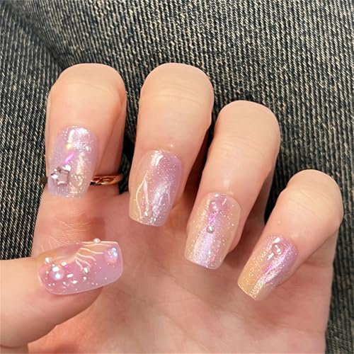 Short Coffin Press on Fake Nails Aurora Ocean Nail Art Decoration Gradient Sparkling Manicure for Women and Girls 10PCS