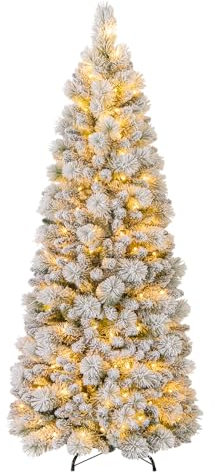 COSTWAY Sapin de Noël Artificiel Lumineux LED 180 cm, Arbre de Noël Floqué, 517 Pointes de Branches, 170 Lumières LED Blanc Chaud, Section Pliable, Support en Métal, Décoration de Noël