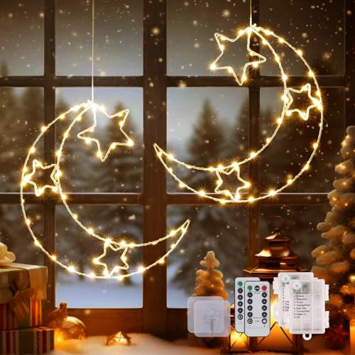 100 LED Sterne Weihnachtsbeleuchtung Fenster, 8 Modi Weihnachtsdeko Fenster mit Fernbedienung & Timer - Batterie Lichterkette Fenster Weihnachtsstern Fenster mit 2 Klebehaken für Innen (2 Stück)