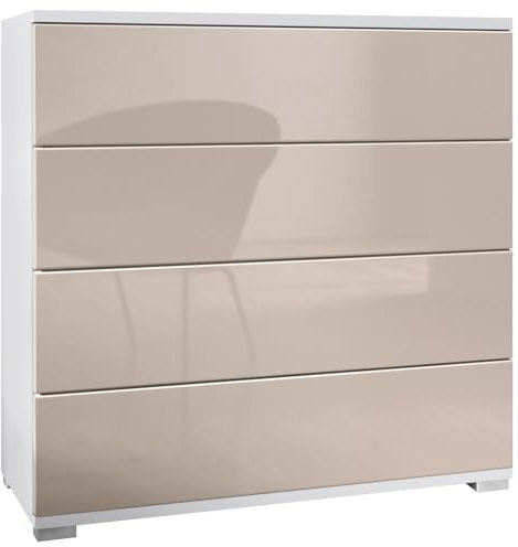 Vladon Kommode Pavos V3, Sideboard mit 4 Schubladen Weiß matt/Sandgrau Hochglanz (76 x 76 x 35 cm)