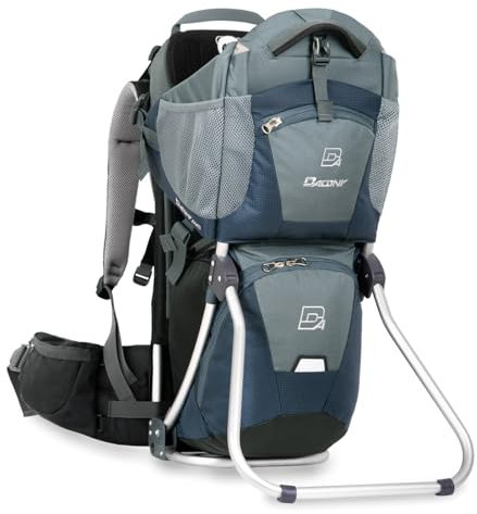 Dacony Kraxe Kindertrage, inklusive einem Paar Fußstützen mit Fersenarretierung, für das Tragen auf dem Rücken- Kindertragerucksack mit Rahmen- bis 25 kg- geeignet für alle Körpergrößen (Deep blue)