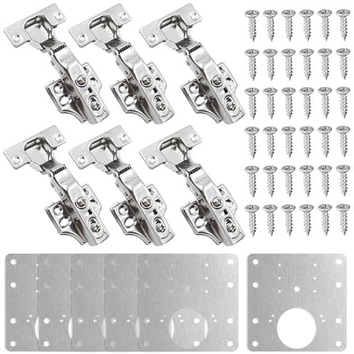 6 Stück Scharniere für Schranktüren 105 Grad Schrankscharnier mit 6 Scharniere Reparaturplatte und Schrauben Topfscharnier mit Hydraulisch Feder Topfbänder für Möbel Küchenschrank Kleiderschrank